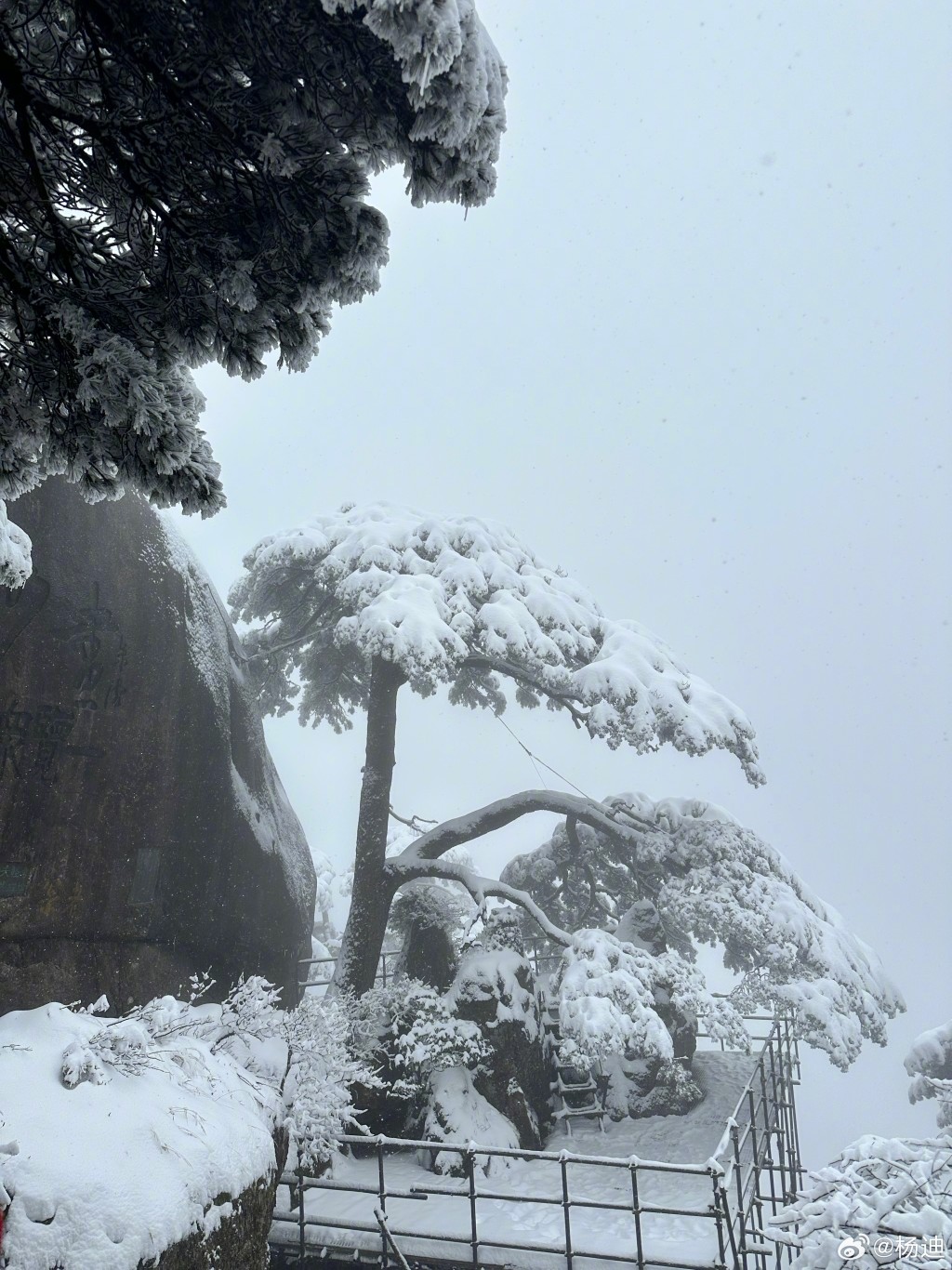 黃山被大雪封山，銀裝素裹。（微博）