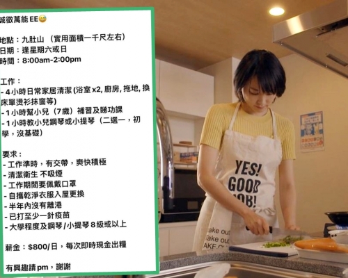 九肚山家庭800元日薪徵「萬能姨姨」。(細圖:FB圖片;《逃避雖可恥但有用》劇照)