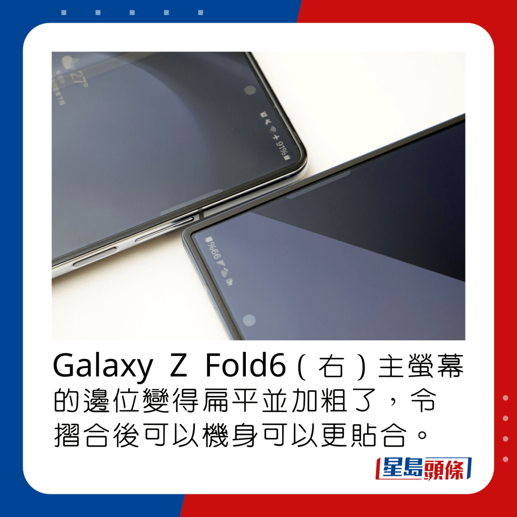 Galaxy Z Fold6（右）主萤幕的边位变得扁平并加粗了，令摺合后可以机身可以更贴合。