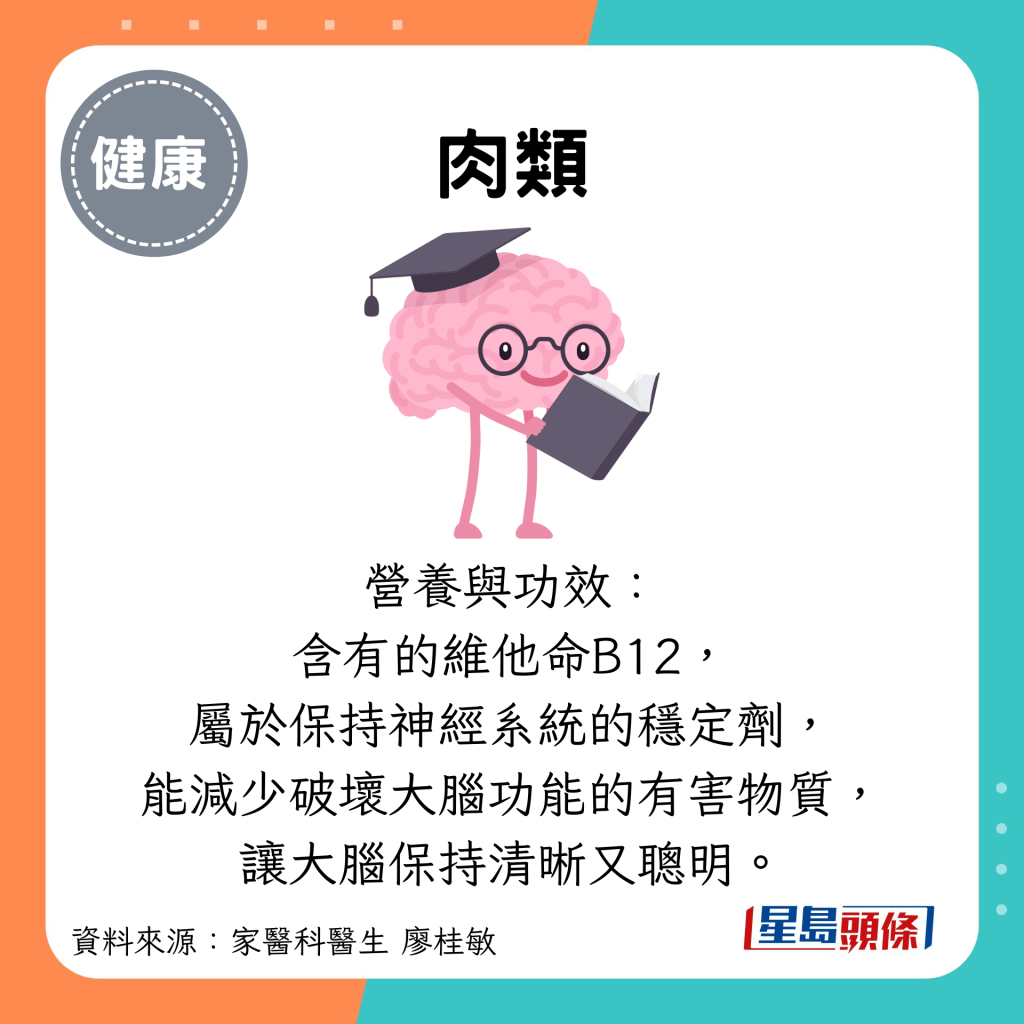 肉类：营养与功效： 含有的维他命B12， 属于保持神经系统的稳定剂， 能减少破坏大脑功能的有害物质， 让大脑保持清晰又聪明。