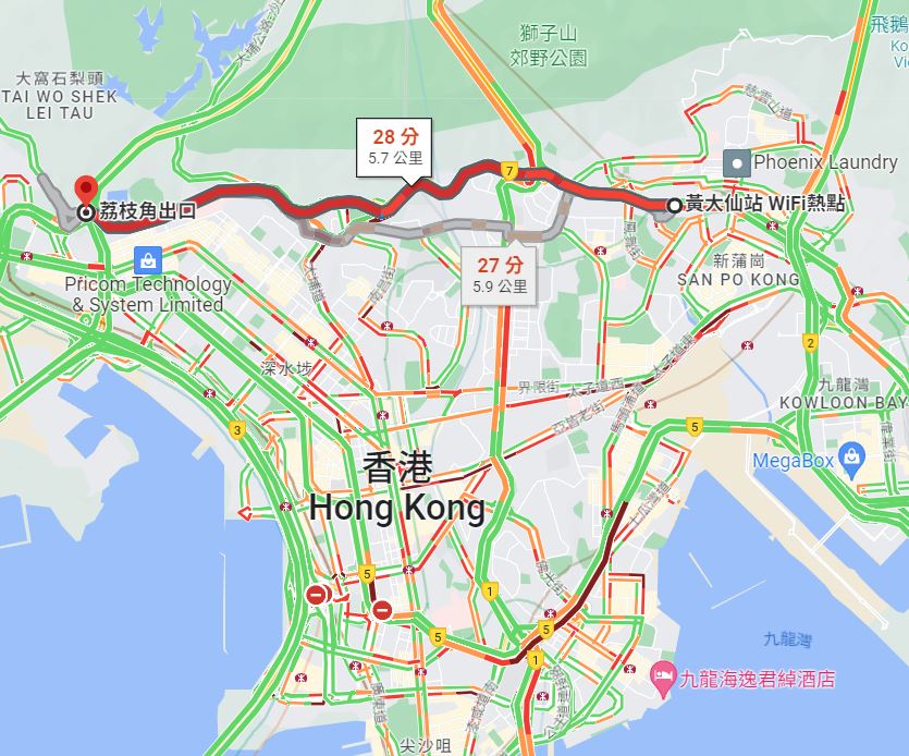 受意外影响，龙翔道往荃湾方向交通交通非常挤塞。Google Map