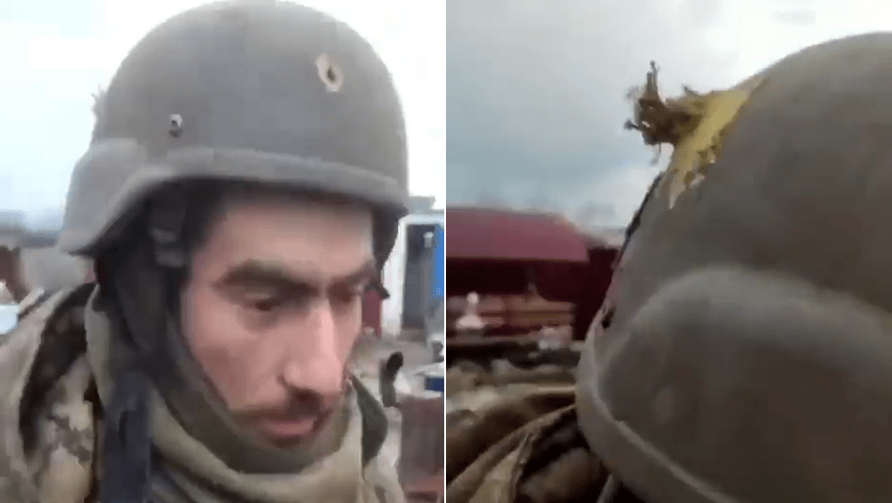 烏軍士兵頭盔遭射爆貫穿,卻能奇蹟活命,僅頭部擦傷。