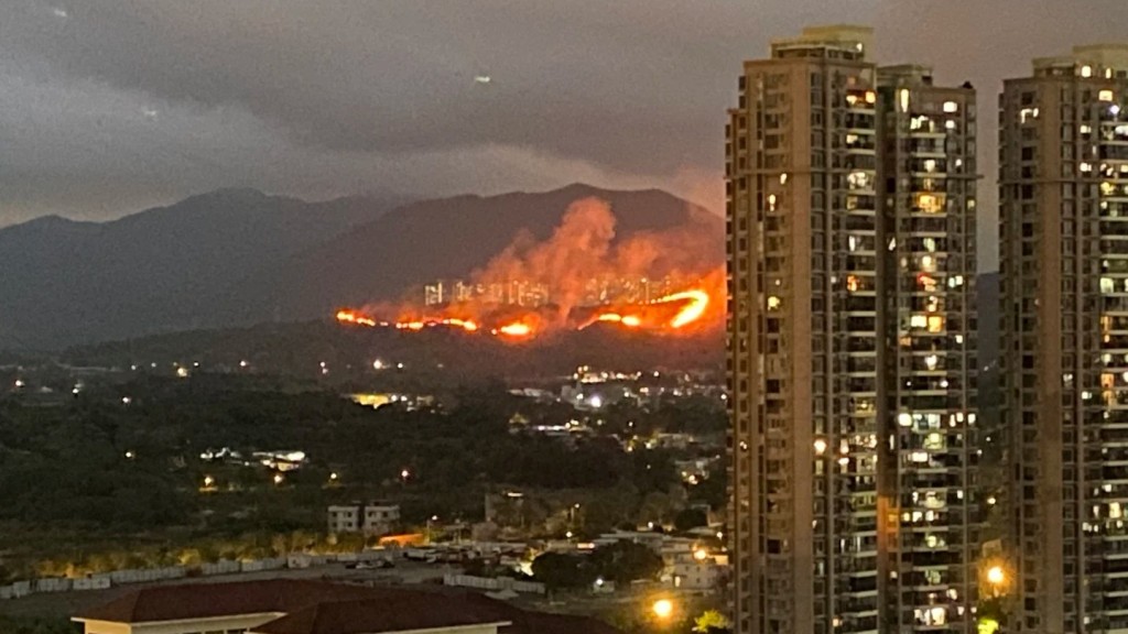 粉嶺坪輋起山火 百米火龍遠至深圳可見