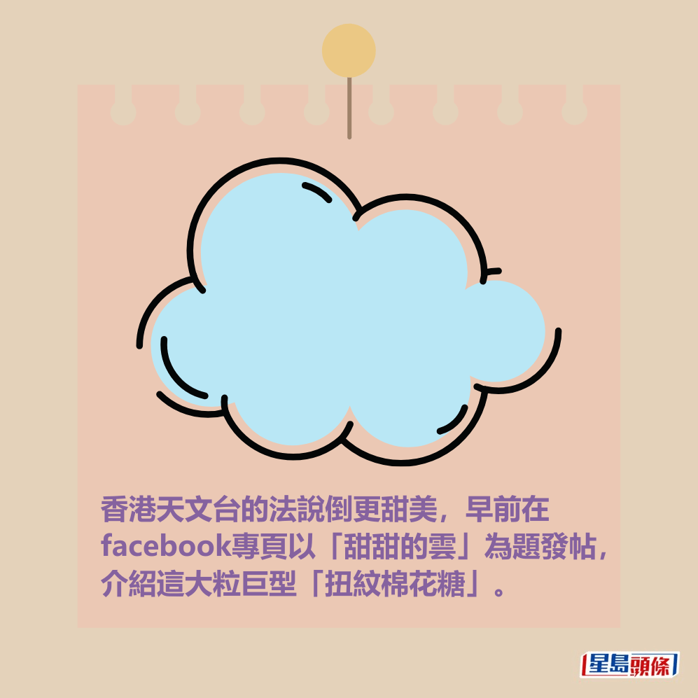 香港天文台的法說倒更甜美,早前在 facebook專頁以「甜甜的雲」為題發帖, 介紹這大粒巨型「扭紋棉花糖」。 香港天文台的法說倒更甜美,早前在 facebook專頁以「甜甜的雲」為題發帖, 介紹這大粒巨型「扭紋棉花糖」。