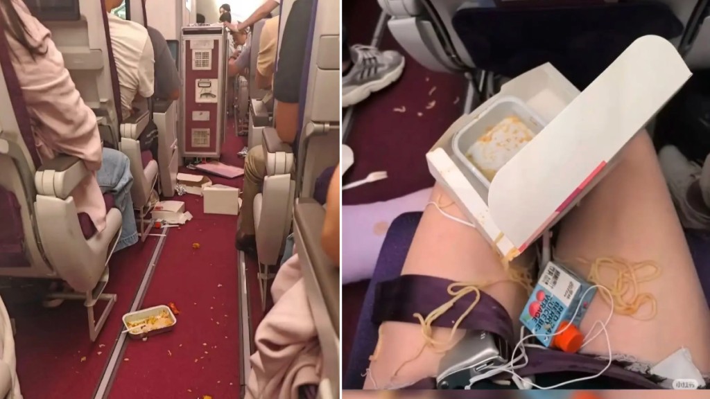飛機遇上晴空顛簸後，食物和雜物散滿一地。微博@《南方日報》