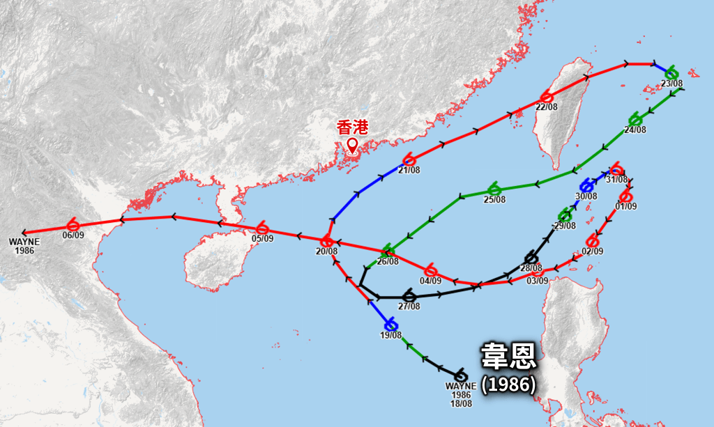 1986年「韋恩」的路徑。天文台《天氣隨筆》 1986年「韋恩」的路徑。天文台《天氣隨筆》