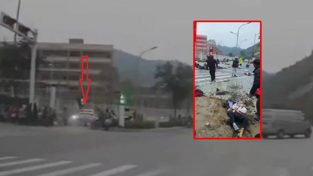 白色私家車撞入等過馬路的人群,造成嚴重傷亡。X