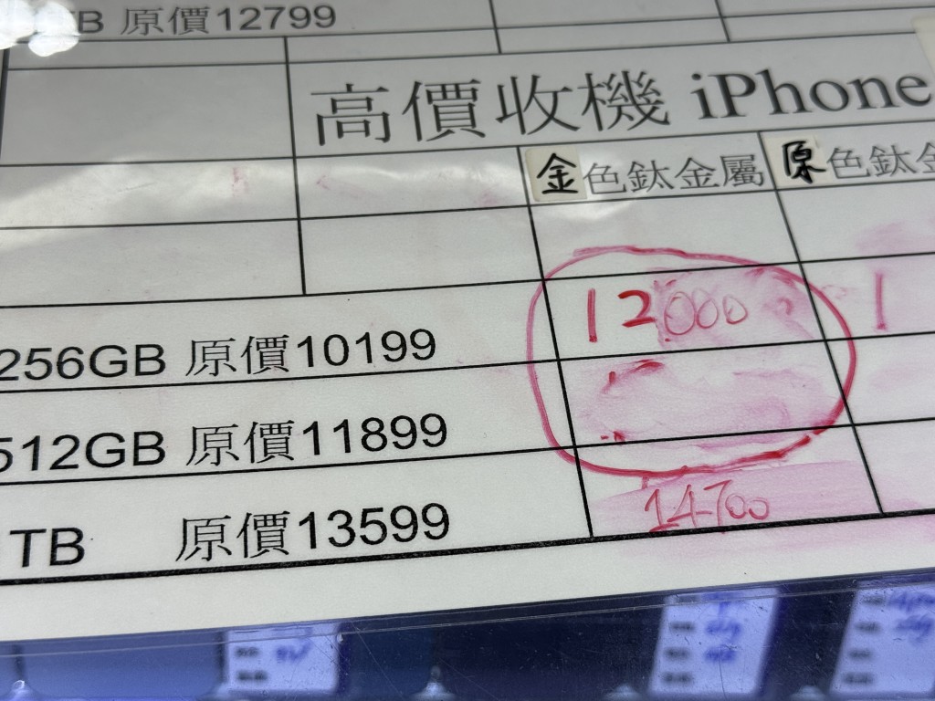 有店铺的Pro Max 256GB仍有1800元水位，1TB仍有1100元水位。陈俊豪摄