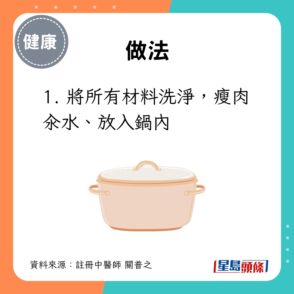 1. 將所有材料洗淨，瘦肉汆水、放入鍋內