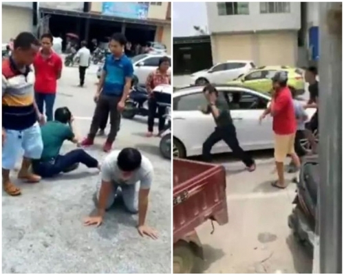 2人被打至坐在地上後,村民將他們包圍直到警方到場。網圖