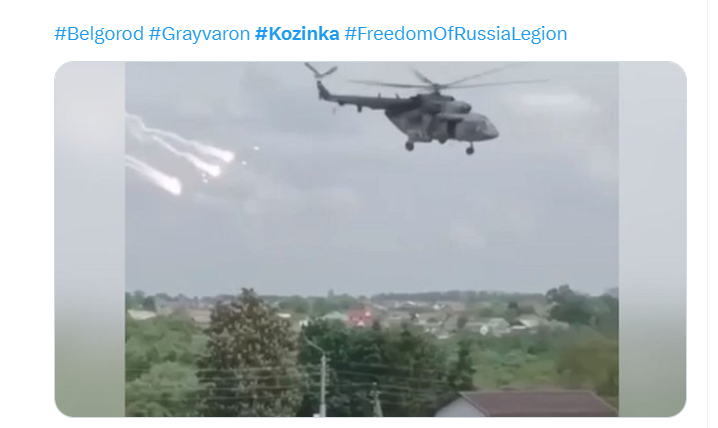 社交媒體上的影片顯示，一架俄羅斯Mi-8直升機在科津卡上空投放照明彈。twitter截圖