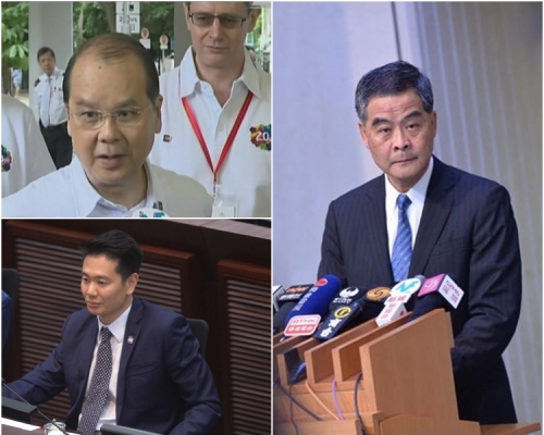 張建宗(左上)指梁振英(右)將於6月1日出席行政長官答問會。左下為周浩鼎。
