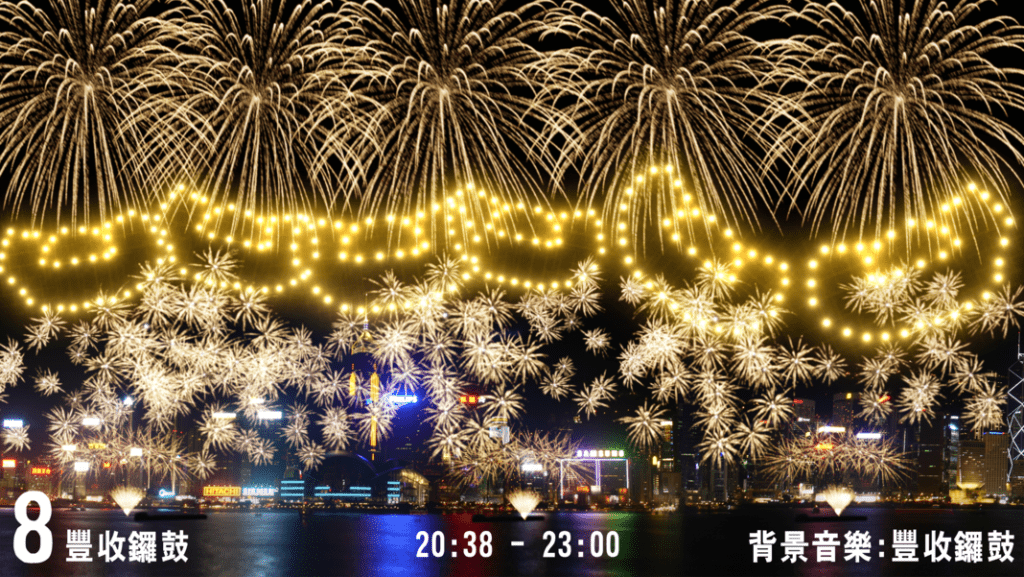 最后一幕《丰收锣鼓》，密集的「特大锦冠」造型烟花会将汇演推向高潮，祝愿香港繁荣稳定。大会提供图片