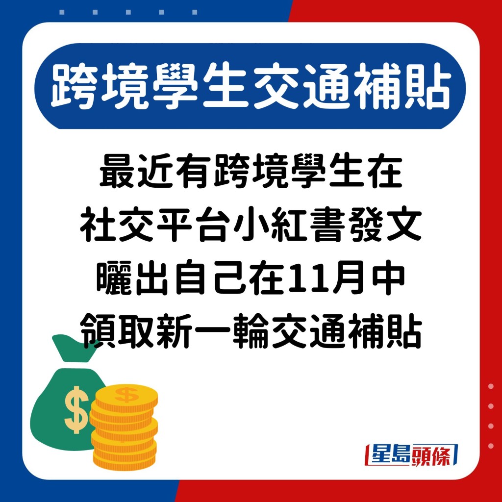 最近有跨境學生在 社交平台小紅書發文 曬出自己在11月中 領取的新一輪交通補貼