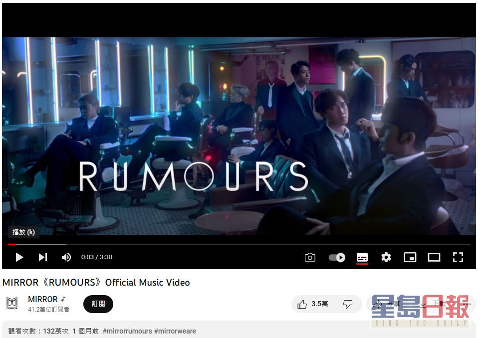 ​ Edit media  MIRROR處男英文歌《RUMOURS》MV都係得132萬點擊。  ​