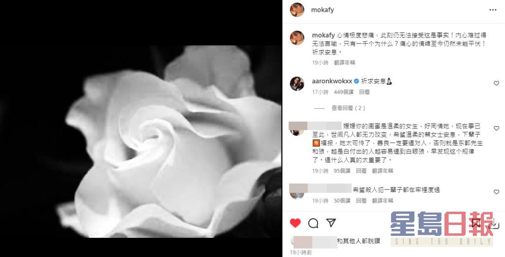 方媛在社交网上载白花照片悼念老友。