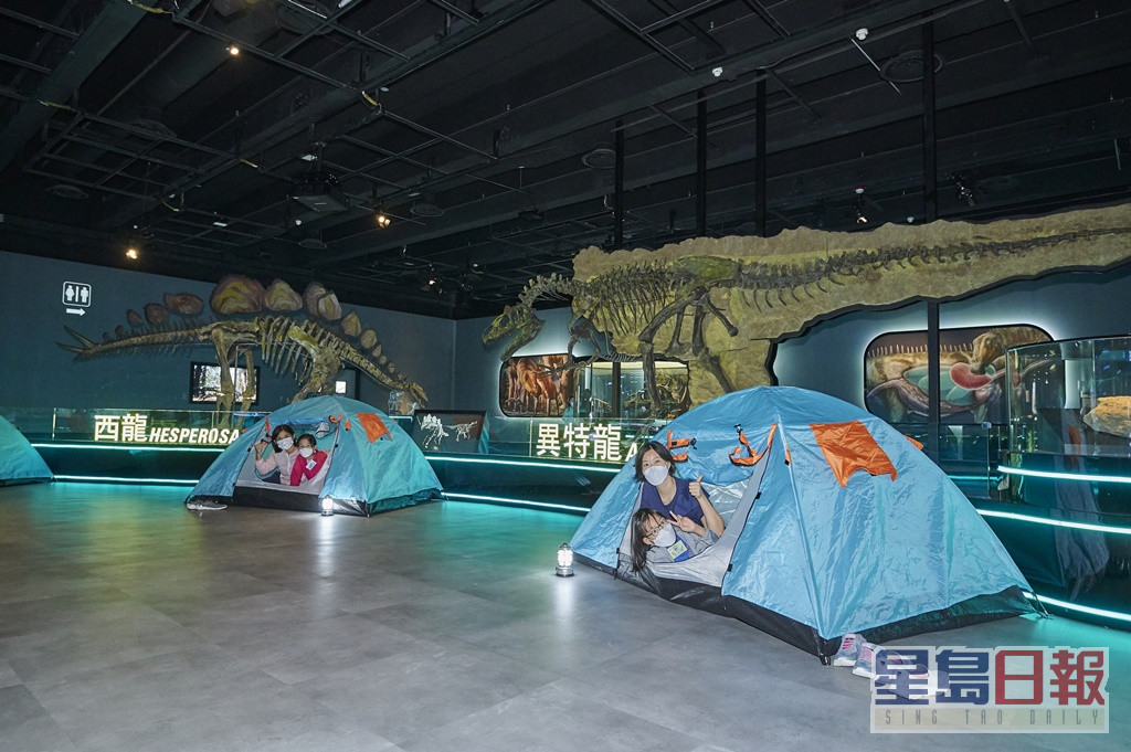 参加者于展览厅内恐龙化石下架设的帐篷留宿。政府新闻处图片