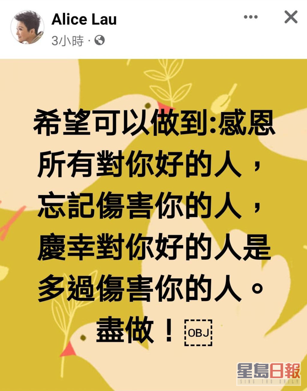劉雅麗喺FB發表「感恩論」。