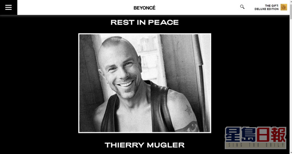 Beyonce在个人网站悼念Thierry Mugler。