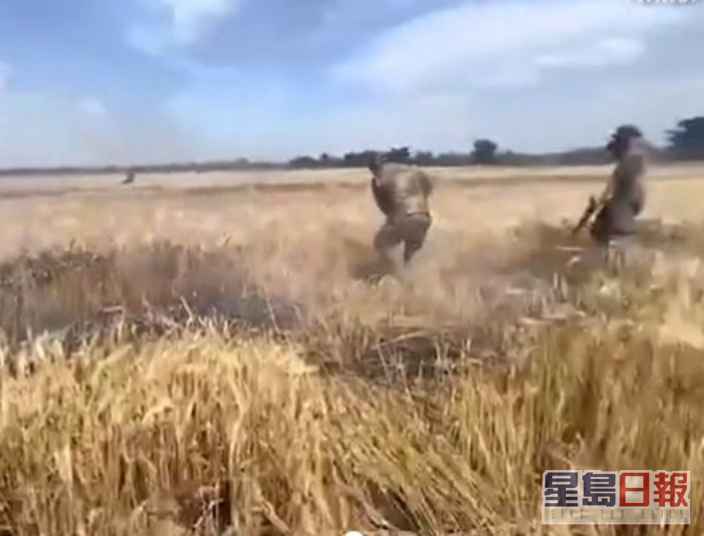 有影片显示乌克兰士兵在小麦田救火。影片截图