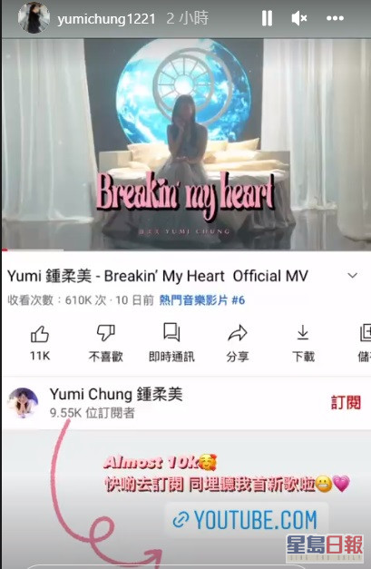 Yumi嘅新歌MV上架10日，已冲破60万点击。