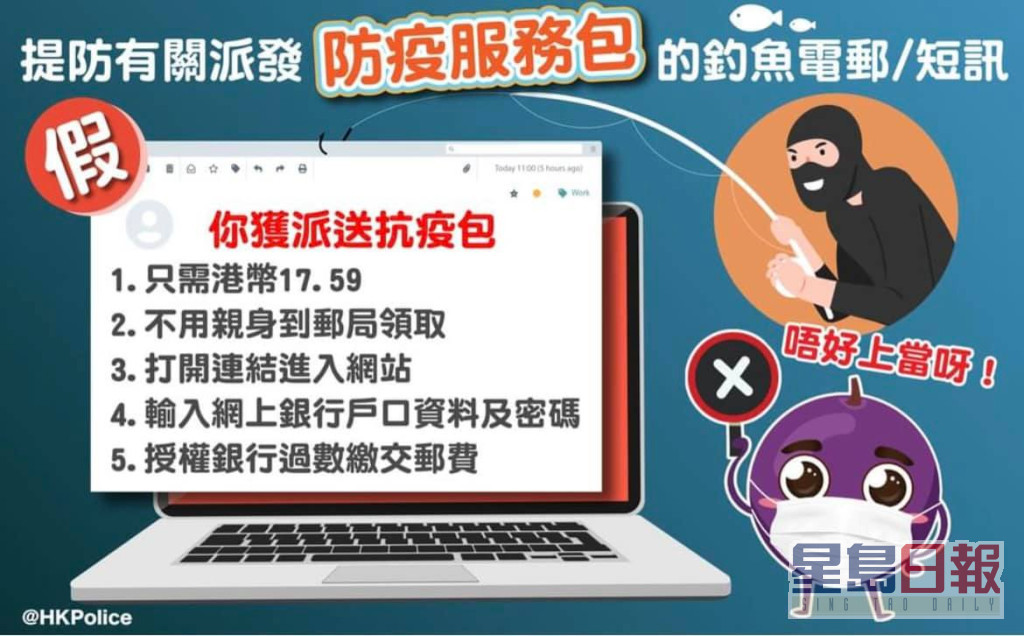 警籲提防假冒「抗疫包」詐騙電郵及短訊。香港警察FB圖片