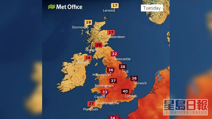 英國氣象局預料下周二倫敦將高達40度。Met office twitter