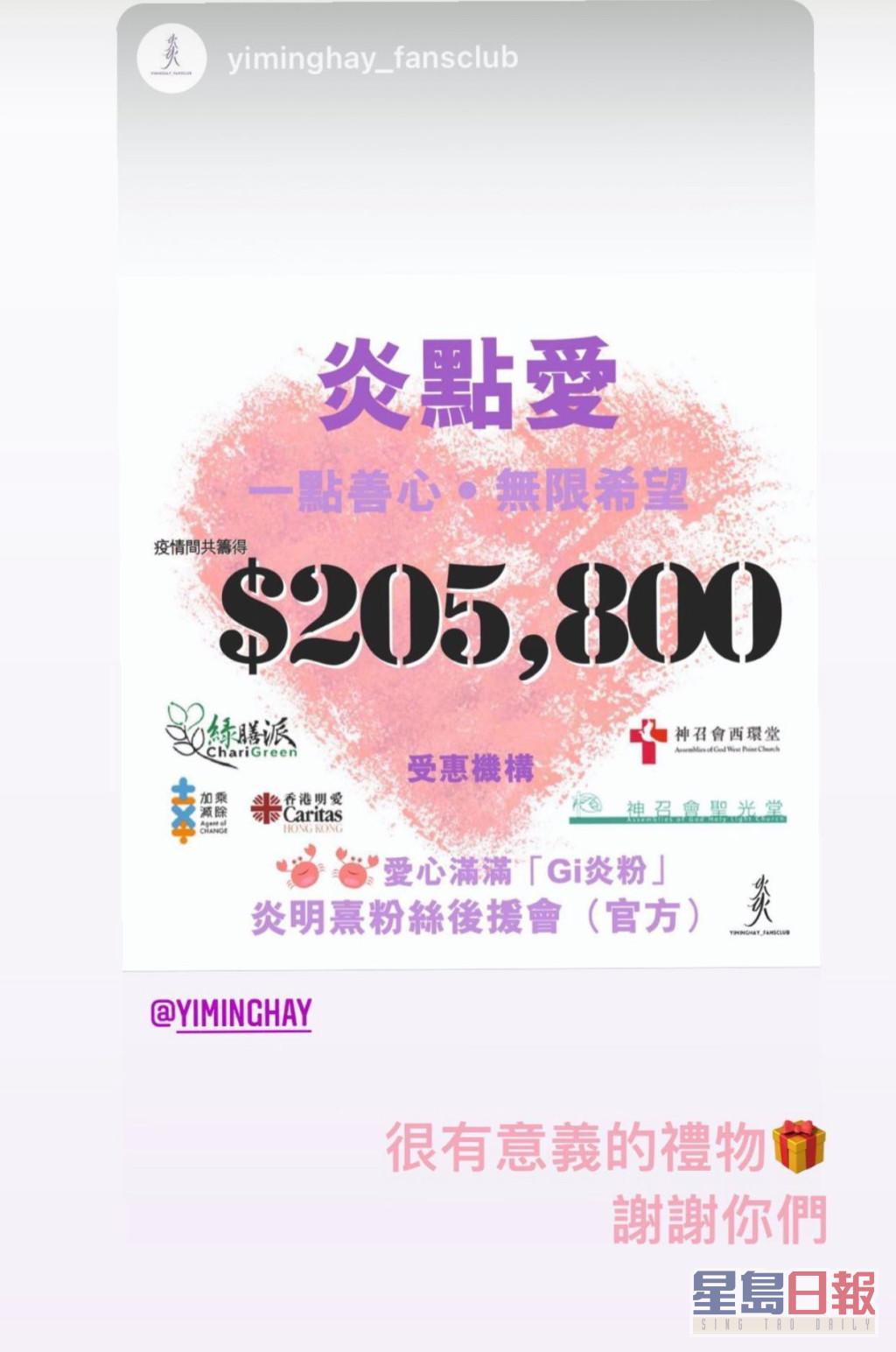 Gi炎粉合力筹得205,800元捐给多个慈善机构，作为送给偶像生日礼物。