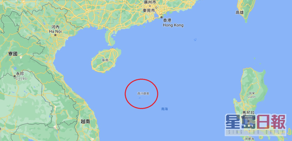 西沙群島位於海南島東南面。Google地圖
