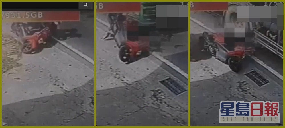 电单车翻倒后，遭砂石车辗过。互联网图片
