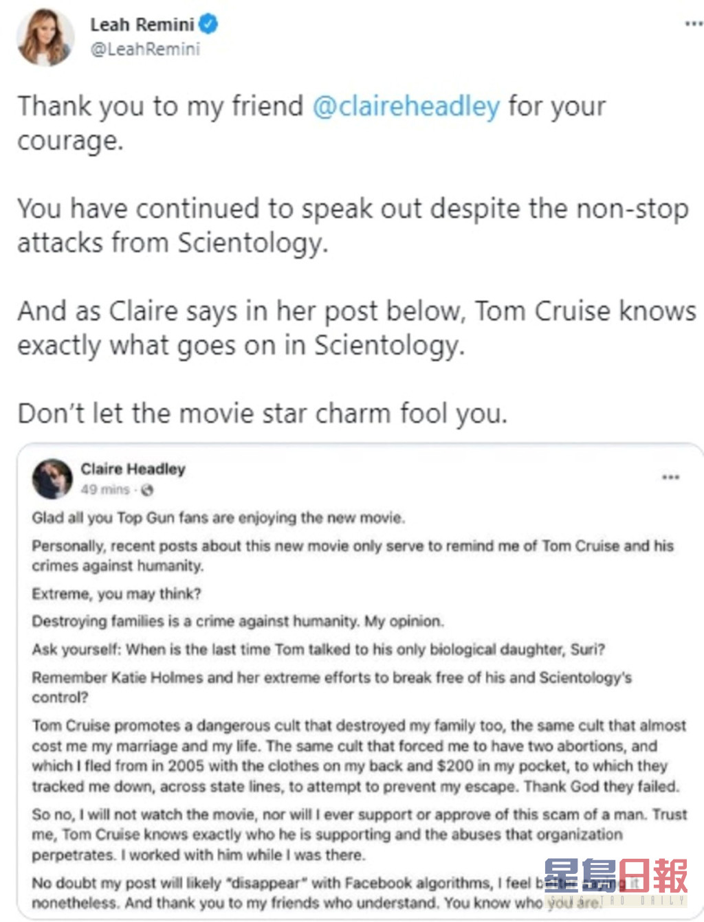 Leah转贴前科学教派信徒Claire Headley的社交网帖文，指摘汤告鲁斯宣扬邪教。
