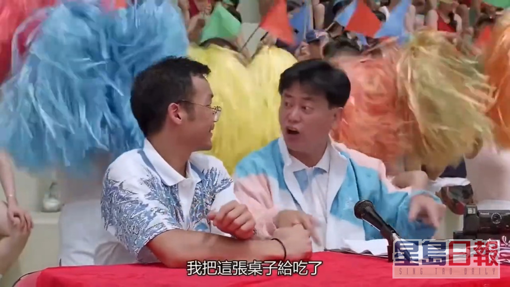台灣製作人陳百祥引用「叻哥」於喜劇《超級學校霸王》的經典對白，揚言加碼表演百祥吃桌子。