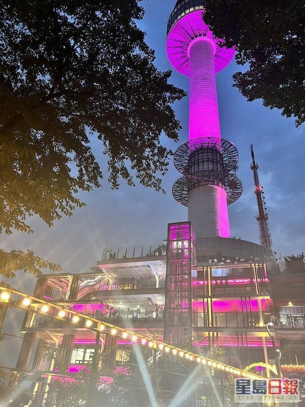 首尔南山塔整栋建筑物都打上粉红色灯光。