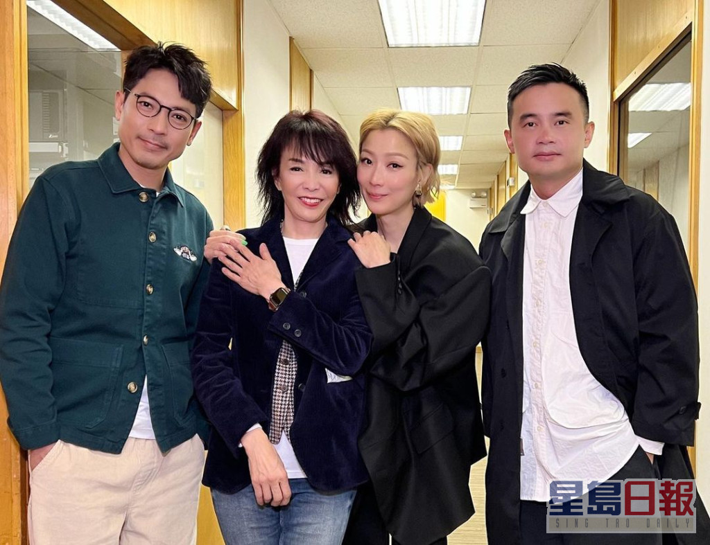 天后郑秀文日前亦与陆骏光（左）及导演贾胜枫上《口水多过浪花》宣传新戏《流水落花》。