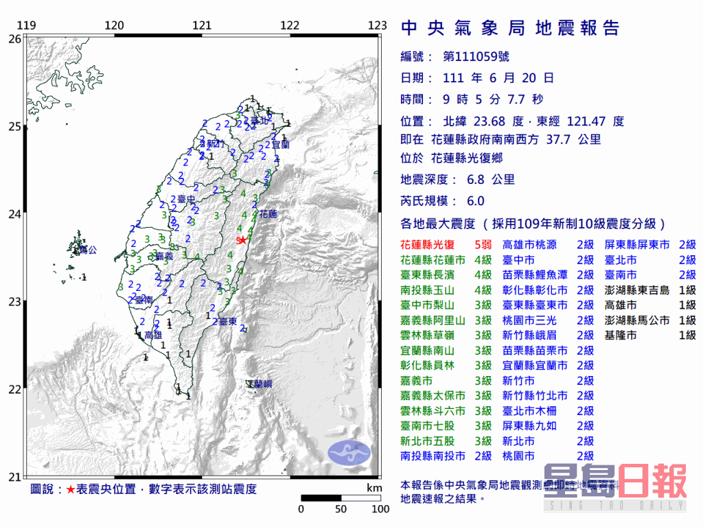 台湾花莲发生黎克特制6.2级地震。