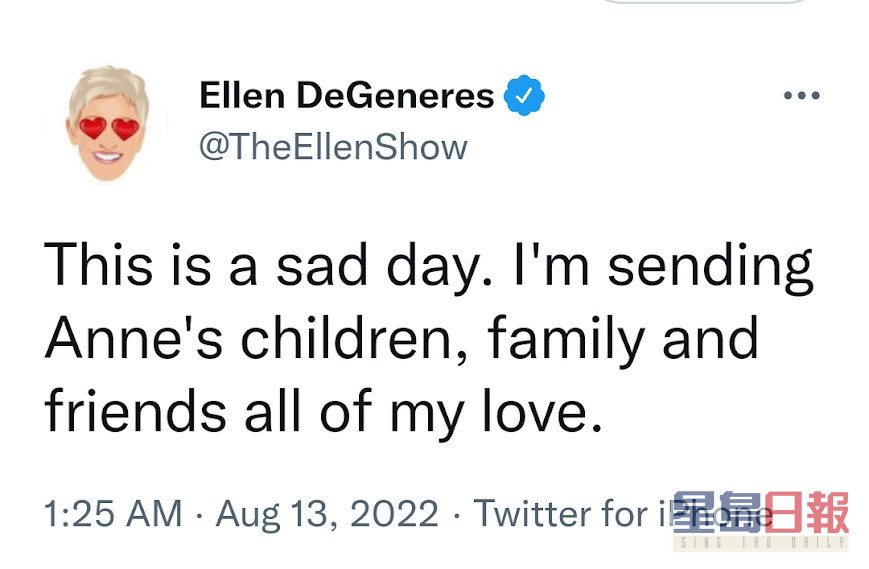 Ellen在社交网留言慰问Anne的亲友。
