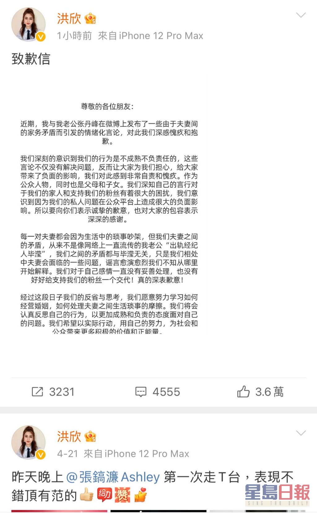 洪欣潜水12日突发致歉信，并删去「离婚」帖文。