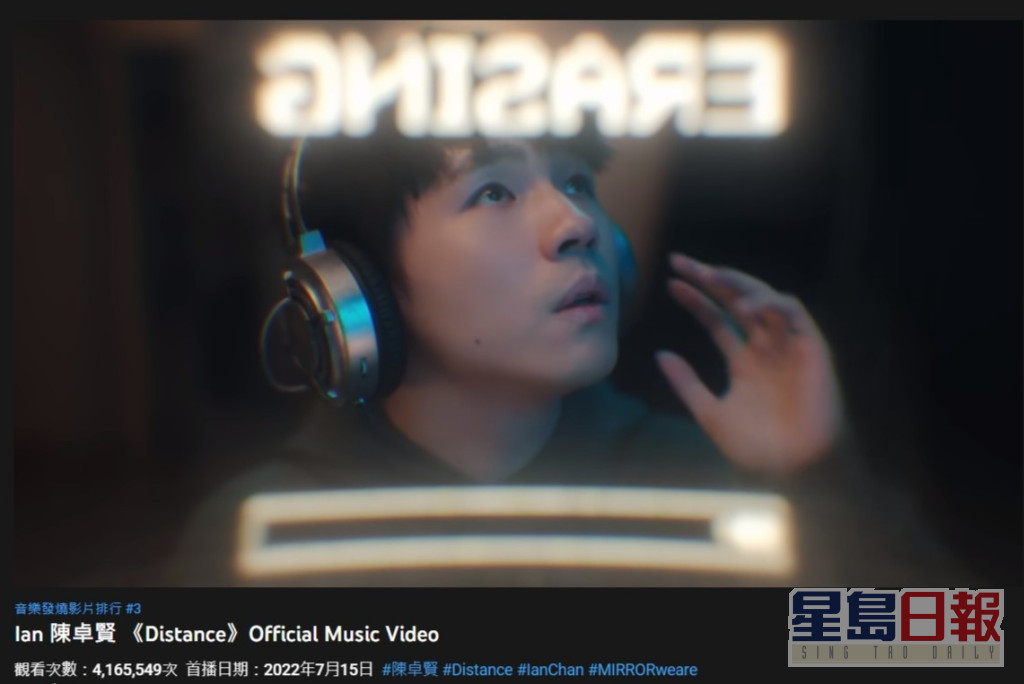 Ian新歌《Distance》MV在YouTube上架短短一星期，已突破400萬點擊。