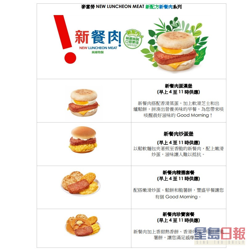 麦当劳推出新餐肉早餐系列。麦当劳提供