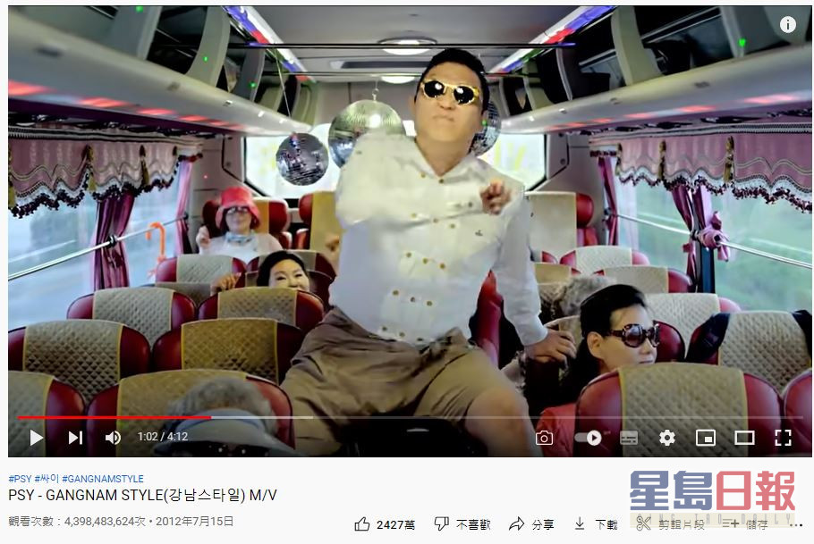 《江南 Style》MV瀏覽量突破43.8億次。