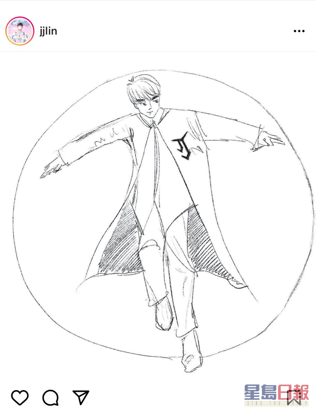 林俊杰的素描画，胸前有代表他的JJ标志。