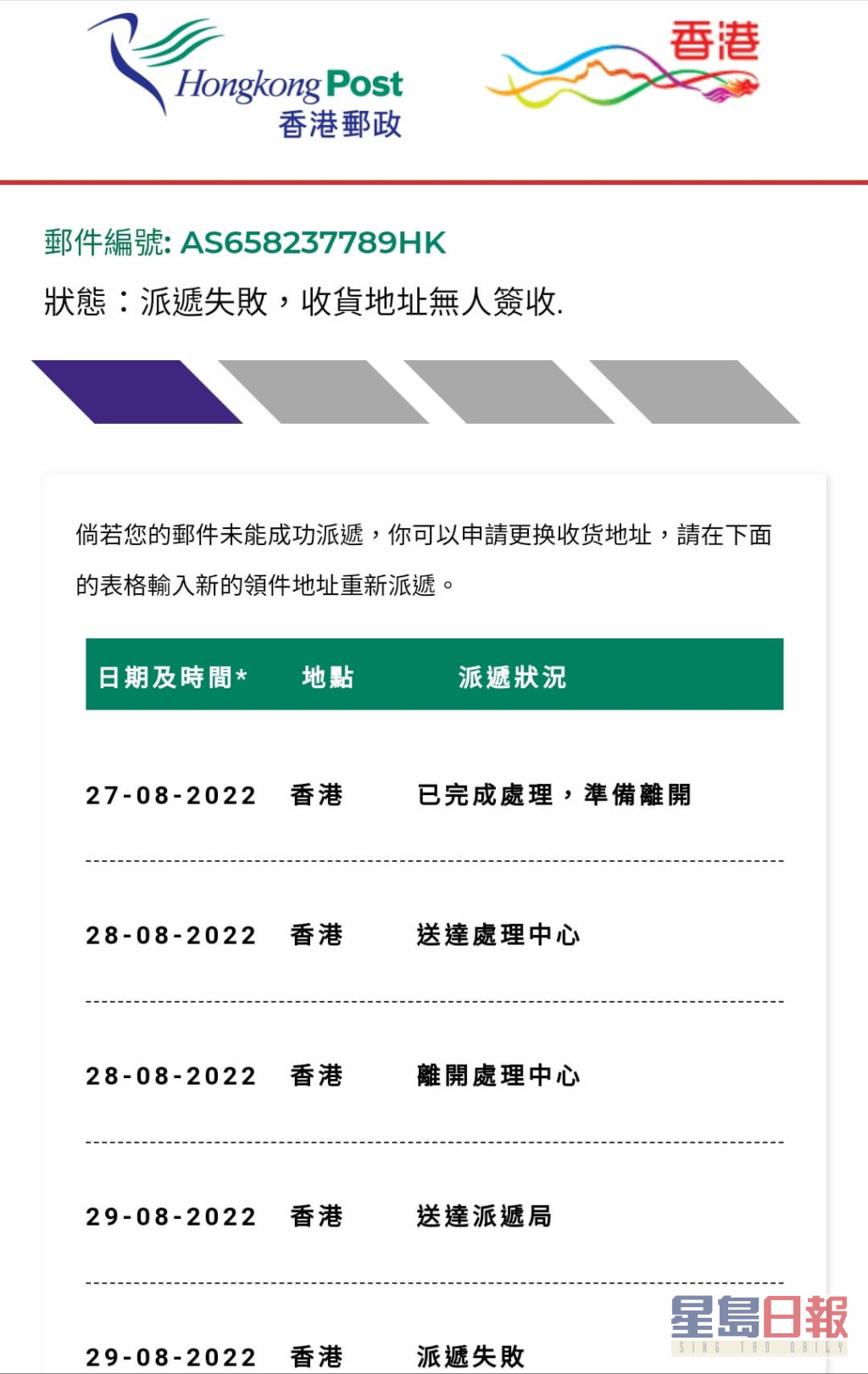 楼主收一则自称「香港邮政」讯息，要求更新派递地址。FB图片