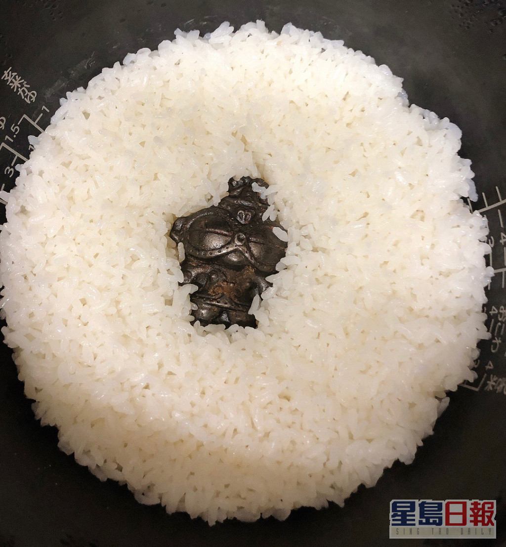 日本有民众将造型特殊的铁块放进电饭煲内一起煮饭。网上图片