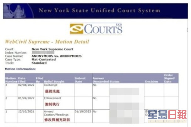 網民公開美國法庭記錄的截圖，不過未見顯示王力宏或李靚蕾的名字。