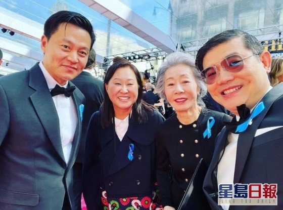 李瑞鎮（左一）以經理人身分陪尹汝貞出席3月舉行的奧斯卡頒獎禮。