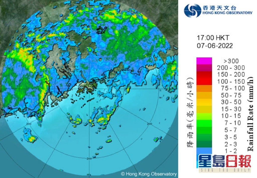 位於珠江口以西的一道雷雨帶正逐漸東移。天氣雷達圖像