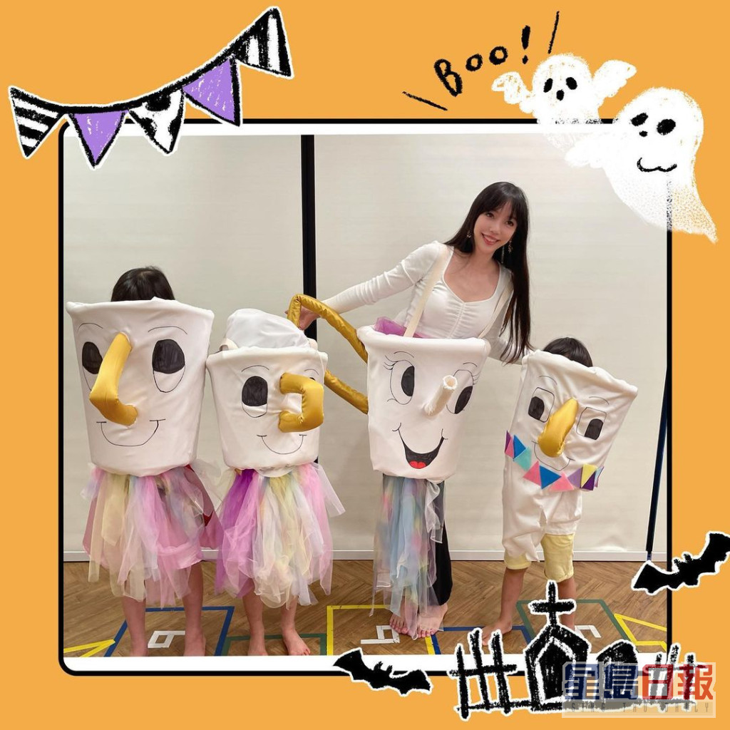 李靚蕾還與子女一同製作四個一模一樣的「茶壺太太」裝扮，與小朋友玩cosplay。