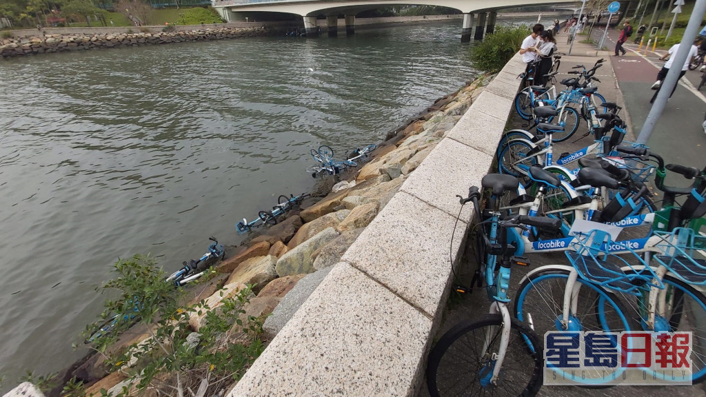 有多部共享單車被掟落河。