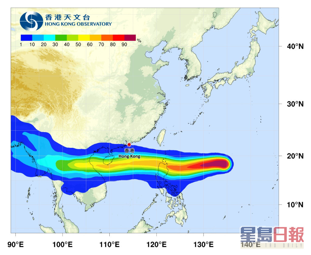 热带气旋较大机会趋向海南岛及越南。天文台热带气旋路径概率预报