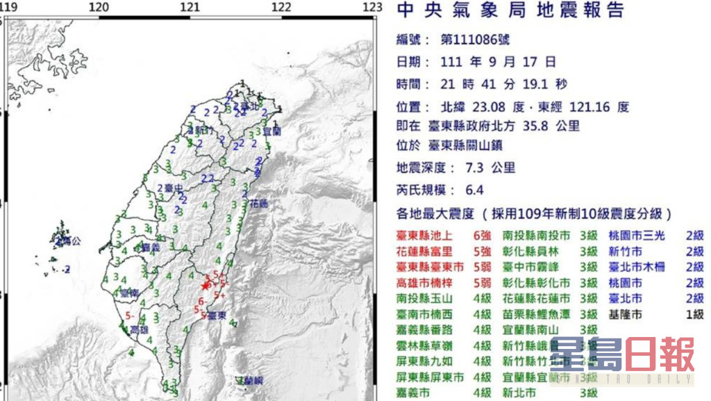 台东昨日发生6.4级地震。图:台湾中央气象局